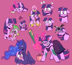 Size: 2048x1864 | Tagged: safe, artist:melodymelanchol, imported from derpibooru, princess luna, spike, twilight sparkle, alicorn, dragon, pony, unicorn, fanfic:hard reset, bag, baseball bat, big crown thingy, blood, blushing, clothes, cute, dark magic, donut, dress, ear piercing, earring, eating, element of generosity, element of honesty, element of kindness, element of laughter, element of loyalty, element of magic, elements of harmony, fanfic art, female, food, gem, green blood, grin, happy, home run, hug, jewelry, lesbian, magic, mare, paper, pen, pencil, piercing, purple background, regalia, scared, shipping, shopping bag, simple background, smiling, sparkles, spikabetes, twiluna, weather vane