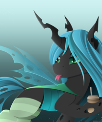 Size: 2500x3000 | Tagged: safe, artist:andaluce, imported from derpibooru, queen chrysalis, changeling, changeling queen, canterlot wedding 10th anniversary, clothes, drink, female, forked tongue, gradient background, high res, insect wings, lineless, signature, socks, solo, spread wings, tongue out, wings
