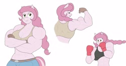 Size: 4096x2156 | Tagged: safe, artist:matchstickman, imported from derpibooru, oc, oc only, oc:honey suckle, anthro, earth pony, biceps, boxing, boxing gloves, breasts, clothes, dreamworks face, female, flexing, gloves, jeans, midriff, multeity, muscles, muscular female, pants, simple background, smiling, smirk, sports, sports bra