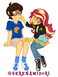 Size: 1280x1692 | Tagged: safe, artist:serenamidori, imported from derpibooru, sunset shimmer, oc, oc:brandon, human, equestria girls, 2019, canon x oc, cheek pinch, commission, converse, female, male, shoes, simple background, straight, transparent background