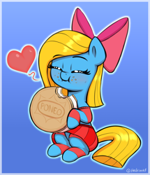 Size: 1244x1446 | Tagged: safe, artist:heretichesh, imported from derpibooru, oc, oc only, oc:cuteamena, earth pony, pony, bow, clothes, commission, cookie, cute, earth pony oc, eating, female, filly, foal, food, gradient background, happy, heart, oreo, skirt, smiling, socks, solo