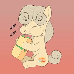 Size: 3000x3000 | Tagged: safe, artist:bestponies, imported from derpibooru, oc, oc only, oc:callista, earth pony, earth pony oc, eating, eyes closed, food, giant food, happy, herbivore, hoof hold, nom, sandwich, sitting, stuffing, veggie sandwich