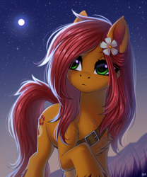 Size: 2500x3000 | Tagged: safe, artist:hakaina, imported from derpibooru, oc, oc only, oc:apple bloom, earth pony, pony, fanfic:song of seven, bag, buckle, commission, earth pony oc, field, flower, flower in hair, grass, grass field, green eyes, moon, night, night sky, not fluttershy, red mane, sky, solo, stars, unshorn fetlocks, walking, ych result