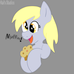 Size: 2000x2000 | Tagged: safe, artist:kaifurry, derpibooru exclusive, imported from derpibooru, derpy hooves, pegasus, pony, cute, derpabetes, female, food, gray background, high res, kaifurry is trying to murder us, muffin, open mouth, simple background, solo, text, that pony sure does love muffins, watermark, weapons-grade cute