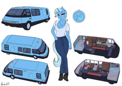 Size: 1280x905 | Tagged: safe, artist:apocheck13, imported from derpibooru, trixie, anthro, bed, boots, breasts, cleavage, clothes, couch, crossed legs, denim, eyelashes, female, jeans, jewelry, motorhome, necklace, pants, reasonably sized breasts, rv, shirt, shoes, short shirt, simple background, solo, vixen 21, vixen 21 motorhome, white background