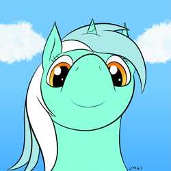 Size: 1761x1761 | Tagged: safe, artist:wapamario63, imported from ponybooru, lyra heartstrings, pony, unicorn, bust, cloud, colored, female, flat colors, gradient background, looking down, mare, portrait, simple background, snoofa, solo, whiskers