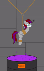 Size: 1600x2597 | Tagged: safe, artist:maelstromconnor, imported from derpibooru, oc, oc:amy, earth pony, pony, bondage, chemicals, cloth gag, danger, gag, hanging, help me, rope, rope bondage, scared, tied up, worried