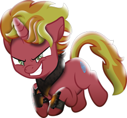 Size: 5282x4901 | Tagged: safe, artist:lincolnbrewsterfan, imported from derpibooru, oc, oc only, oc:fire brander, pony, unicorn, fallout equestria, my little pony: the movie, the cutie re-mark, .svg available, adorabolical, bandana, contemplating insanity, context is for the weak, crouching, cute, cute little fangs, evil grin, fallout equestria oc, fangs, green eyes, grin, gun, handgun, happy, horn, inkscape, insanity, jumping, male, movie accurate, moviefied, narrowed eyes, neckerchief, pipbuck, pipbuck 3000, ponified, pounce, scar, show moviefied, shrunken pupils, slasher smile, slit pupils, small eyes, smiling, solo, stalker, stallion, stallion oc, striped mane, striped tail, svg, tail, two toned mane, two toned tail, unicorn oc, vector, weapon