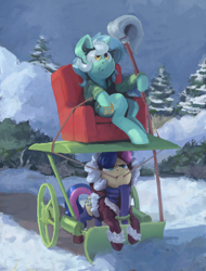 Size: 2500x3283 | Tagged: safe, artist:lockheart, artist:rhorse, bon bon, lyra heartstrings, sweetie drops, earth pony, pony, unicorn, art pack:winter wrap pack, winter wrap up, .psd available, artpack:winter wrap pack, chair, clothes, coat, couch, female, frown, looking up, mare, mop, mr. bean, plow, sitting, smiling, snow, snow plow, whiskers