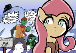 Size: 2388x1668 | Tagged: safe, fluttershy, oc, oc:filly anon, bear, earth pony, pegasus, pony, art pack:winter wrap pack, winter wrap up, clothes, coat, female, filly, hat, looking back, mare, open mouth, scarf, snow, talking, this will end in pain, vest, yelling