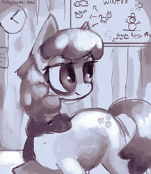 Size: 2000x2300 | Tagged: safe, artist:colochenni, cheerilee, earth pony, pony, art pack:winter wrap pack, clothes, female, mare, monochrome, scarf, smiling, tired