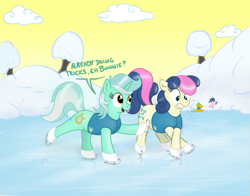 Size: 1245x975 | Tagged: safe, bon bon, lyra heartstrings, sweetie drops, earth pony, pony, unicorn, art pack:winter wrap pack, winter wrap up, clothes, female, ice skating, mare, nervous, open mouth, smiling, snow, talking, vest