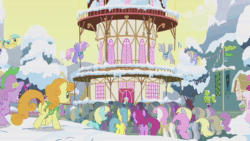 Size: 1920x1080 | Tagged: safe, screencap, applejack, berry punch, berryshine, fluttershy, mayor mare, minuette, pinkie pie, rainbow dash, rainbowshine, rarity, spike, twilight sparkle, earth pony, pegasus, pony, unicorn, art pack:winter wrap pack, winter wrap up, animated, clothes, eyes closed, female, flying, ice, ice skates, jumping, male, mare, mouth hold, music, scarf, seeds, shovel, smiling, snow, sound, stallion, walking, webm