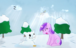 Size: 5508x3508 | Tagged: safe, amethyst star, derpy hooves, sparkler, pegasus, pony, unicorn, art pack:winter wrap pack, winter wrap up, carrot, eyes closed, female, flying, food, mare, open mouth, screaming, sitting, snow, snowpony