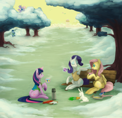 Size: 4029x3902 | Tagged: safe, fluttershy, rainbowshine, rarity, twilight sparkle, pegasus, pony, rabbit, unicorn, art pack:winter wrap pack, winter wrap up, animal, carrot, clipboard, clothes, cup, eyes closed, female, food, hot coco, magic, male, mare, sitting, smiling, snow, stallion, thermos, vest