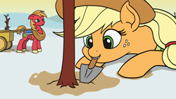 Size: 1920x1080 | Tagged: safe, artist:mkogwheel, applejack, big macintosh, earth pony, pony, art pack:winter wrap pack, winter wrap up, female, male, mare, mouth hold, planting, seeds, shovel, smiling, snow, stallion, tree, wagon