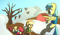 Size: 4096x2437 | Tagged: safe, artist:wenni, applejack, strawberry sunrise, sunshower raindrops, earth pony, pegasus, pony, art pack:winter wrap pack, winter wrap up, barn, clothes, female, flying, frown, hat, mare, open mouth, pointing, raised hoof, rope, snow, spread wings, talking, tied up, tree, vest, wings