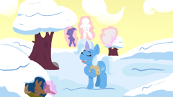 Size: 3840x2160 | Tagged: safe, artist:xppp1n, imported from ponybooru, trixie, pony, rabbit, unicorn, art pack:winter wrap pack, winter wrap up, animal, clothes, dizzy, eyes closed, female, magic, mare, open mouth, scared, smiling, snow, telekinesis, tree, vest, winter wrap up vest