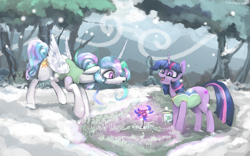 Size: 4017x2500 | Tagged: safe, artist:colochenni, princess celestia, twilight sparkle, alicorn, pony, unicorn, art pack:winter wrap pack, winter wrap up, clothes, female, flower, magic, mare, open mouth, smiling, snow, vest