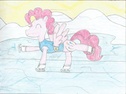 Size: 2350x1750 | Tagged: safe, artist:jakusi, pinkie pie, pegasus, pony, art pack:winter wrap pack, winter wrap up, clothes, eyes closed, female, ice, ice skates, mare, raised hoof, snow, species swap, spread wings, traditional art, vest, wings