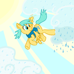 Size: 3000x3000 | Tagged: safe, pegasus, pony, art pack:winter wrap pack, winter wrap up, clothes, cloud, female, flying, mare, rain, smiling, spread wings, sun, vest, wings