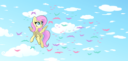 Size: 4468x2143 | Tagged: safe, fluttershy, bird, pegasus, pony, art pack:winter wrap pack, winter wrap up, clothes, cloud, female, mare, sky, smiling, spread wings, vest, wings