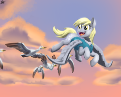 Size: 2500x2000 | Tagged: safe, derpy hooves, bird, pegasus, pony, art pack:winter wrap pack, cloud, female, flying, mare, sky, spread wings, wings