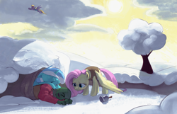 Size: 4112x2644 | Tagged: safe, alternate version, artist:dotkwa, fluttershy, lyra heartstrings, oc, oc:anon, pegasus, pony, unicorn, art pack:winter wrap pack, winter wrap up, bell, clothes, eyes closed, female, flying, frown, mare, open mouth, sleeping, smiling, snow, spread wings, tree, vest, wings