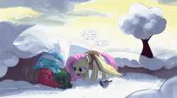 Size: 4112x2285 | Tagged: safe, alternate version, artist:dotkwa, fluttershy, lyra heartstrings, oc, oc:anon, pony, unicorn, art pack:winter wrap pack, winter wrap up, bell, clothes, dialogue, eyes closed, female, mare, open mouth, sleeping, smiling, snow, spread wings, talking, tree, vest, wings