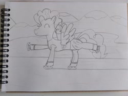 Size: 4032x3016 | Tagged: safe, pinkie pie, pegasus, pony, art pack:winter wrap pack extras, winter wrap up, clothes, eyes closed, female, ice, ice skates, mare, monochrome, notebook, paper, raised hoof, snow, species swap, spread wings, traditional art, vest, wings, wip