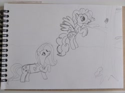 Size: 4032x3016 | Tagged: safe, fluttershy, pinkie pie, bird, earth pony, pegasus, pony, art pack:winter wrap pack extras, winter wrap up, bell, clothes, flying, monochrome, mouth hold, notebook, paper, raised hoof, snow, species swap, tree, vest, wip