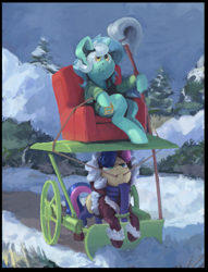 Size: 791x1036 | Tagged: safe, artist:lockheart, artist:rhorse, bon bon, lyra heartstrings, sweetie drops, earth pony, pony, unicorn, art pack:winter wrap pack extras, winter wrap up, artpack:winter wrap pack, chair, clothes, coat, couch, female, frown, looking up, mare, mop, mr. bean, plow, sitting, smiling, snow, snow plow, whiskers, wip