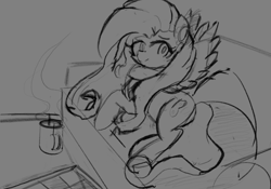 Size: 2388x1668 | Tagged: safe, fluttershy, pegasus, pony, art pack:winter wrap pack extras, blushing, clothes, couch, female, hot coco, looking back, lying down, mare, monochrome, mug, scarf, sketch, smiling, window, wip