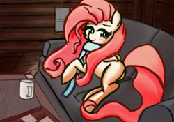 Size: 2000x1397 | Tagged: safe, fluttershy, pegasus, pony, art pack:winter wrap pack extras, blushing, clothes, couch, female, hot coco, looking back, lying down, mare, mug, scarf, smiling, window, wip