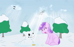 Size: 5508x3508 | Tagged: safe, amethyst star, derpy hooves, sparkler, pegasus, pony, unicorn, art pack:winter wrap pack extras, winter wrap up, carrot, eyes closed, female, flying, food, mare, open mouth, screaming, sitting, snow, snowpony, wip