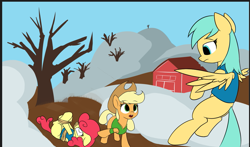Size: 1037x611 | Tagged: safe, artist:wenni, applejack, strawberry sunrise, sunshower raindrops, earth pony, pegasus, pony, art pack:winter wrap pack extras, winter wrap up, barn, clothes, female, flying, frown, hat, mare, open mouth, pointing, raised hoof, rope, snow, spread wings, talking, tied up, tree, vest, wings, wip