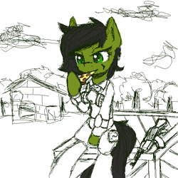 Size: 666x666 | Tagged: safe, artist:zebra, oc, oc only, oc:filly anon, ak-47, armor, ashes town, assault rifle, clothes, crate, eating, female, filly, food, gun, hoof hold, house, pizza, respirator, rifle, sitting, solo, weapon