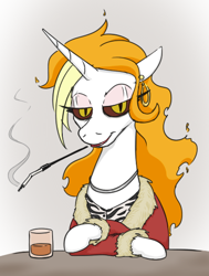 Size: 386x511 | Tagged: safe, artist:jargon scott, imported from derpibooru, oc, oc:dyx, alicorn, pony, alcohol, bedroom eyes, cigarette, cigarette holder, clothes, ear piercing, earring, eyeshadow, female, glass, hooped earrings, jacket, jewelry, lidded eyes, lipstick, looking at you, makeup, mare, mouth hold, older, older dyx, piercing, slit pupils, smiling, smoking, solo