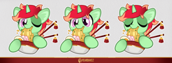 Size: 2124x784 | Tagged: safe, artist:kez, imported from derpibooru, oc, oc only, oc:jonin, pony, unicorn, bowl, chopsticks, eating, eyes closed, eyes open, food, noodles, one eye closed, ramen, solo