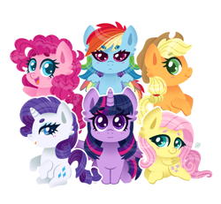 Size: 2011x1861 | Tagged: safe, artist:flyingsosser, imported from derpibooru, applejack, fluttershy, pinkie pie, rainbow dash, rarity, twilight sparkle, alicorn, earth pony, pegasus, pony, unicorn, :3, :<, beanbrows, chibi, colored pupils, ear fluff, eyebrows, female, mane six, mare, simple background, transparent background, twilight sparkle (alicorn)