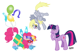 Size: 1500x1000 | Tagged: safe, artist:serenamidori, imported from derpibooru, derpy hooves, pinkie pie, twilight sparkle, earth pony, pegasus, unicorn, 2012, clothes, commission, costume, female, glasses, mare, simple background, transparent background, trio, unicorn twilight