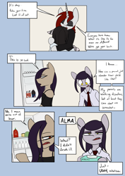 Size: 4961x7016 | Tagged: safe, artist:tenenbris, imported from derpibooru, oc, oc:abel masei, oc:alicia malice, oc:alma, oc:patricia sorg, zebra, comic:things change, comic, makeup, refrigerator, tissue box, zebra oc