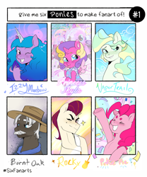 Size: 1423x1711 | Tagged: safe, artist:aztrial, imported from derpibooru, burnt oak, izzy moonbow, pinkie pie, princess skyla, vapor trail, alicorn, earth pony, pegasus, pony, unicorn, six fanarts, :p, confetti, facial hair, female, filly, foal, g5, male, mare, moustache, rocky riff, stallion, tongue out, unshorn fetlocks