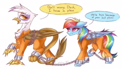 Size: 2048x1152 | Tagged: safe, artist:kreteen art, imported from derpibooru, gilda, rainbow dash, griffon, pony, bound wings, chained, chains, clothes, cuffed, dialogue, prison outfit, prisoner, prisoner gilda, prisoner rd, shackles, shirt, text, undershirt, wings