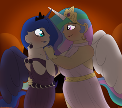 Size: 1888x1668 | Tagged: safe, artist:colorcodetheartist, imported from derpibooru, princess celestia, princess luna, human, crown, ear piercing, earring, eclipse, female, horn, horned humanization, humanized, incest, jewelry, lesbian, lipstick, looking at each other, looking at someone, piercing, princest, regalia, royal sisters, shipping, siblings, sisters, solar eclipse, winged humanization, wings