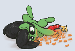 Size: 2540x1720 | Tagged: safe, artist:t72b, imported from derpibooru, oc, oc only, oc:filly anon, earth pony, pony, bag, cheeto dust, cheetos, female, filly, foal, lying down, messy eating, on back, ponified, ponified animal photo, simple background, solo