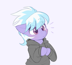 Size: 590x530 | Tagged: safe, artist:higgly-chan, imported from derpibooru, cloudchaser, pegasus, pony, blushing, cheek fluff, clothes, cute, cutechaser, eyebrows, eyebrows visible through hair, female, floppy ears, half body, hoodie, hooves together, mare, simple background, solo, white background