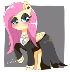 Size: 3449x3550 | Tagged: safe, artist:leo19969525, imported from derpibooru, fluttershy, pegasus, pony, blushing, clothes, cyan eyes, dress, female, fluttergoth, g4, gray background, hair, jewelry, looking at you, piercing, pink hair, simple background, solo, wings