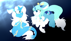 Size: 3207x1870 | Tagged: safe, artist:cassidyspectrum, imported from derpibooru, oc, oc only, hybrid, merpony, pony, seapony (g4), unicorn, blue mane, crepuscular rays, dorsal fin, fish tail, flowing tail, horn, looking at each other, looking at someone, ocean, open mouth, seaponified, smiling, species swap, sunlight, tail, underwater, water, white mane