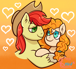 Size: 1198x1076 | Tagged: safe, artist:bowsarefriends, imported from derpibooru, bright mac, pear butter, earth pony, pony, the perfect pear, brightbutter, duo, female, gradient background, hat, heart, looking at each other, looking at someone, male, mare, shipping, stallion, straight